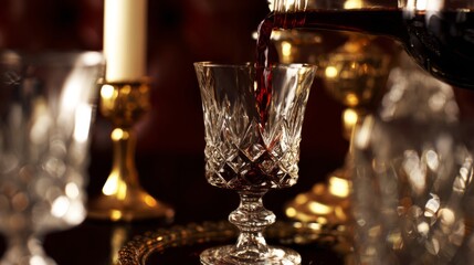 chardonnay. Red wine elegantly poured into a crystal glass in a sophisticated dining setting. bar promotions, beverage menus, designed for product packaging and bar promotions.
