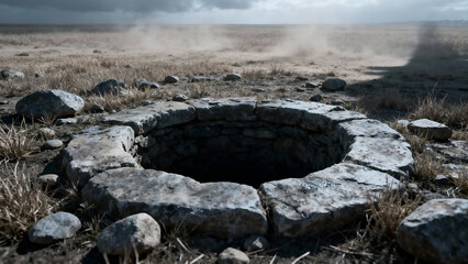 A close-up of a circular stone well surrounded by dry grass, perfect for illustrating rural heritage or geological features.