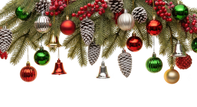 Christmas branch with colorful ornaments, pinecones, berries, isolated on white isolated on transparent background - Powered by Adobe