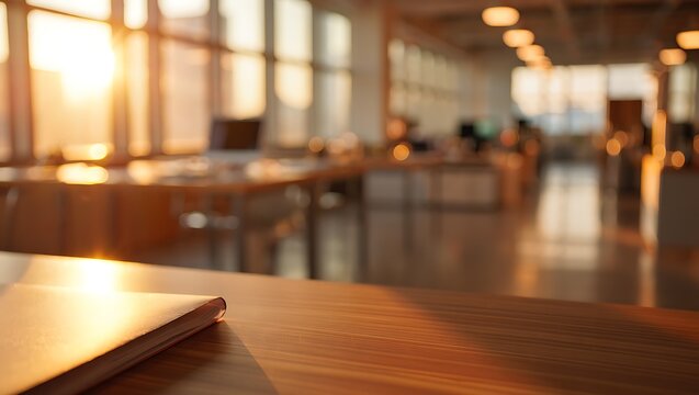 Sunlit office interior workspace with desk and windows background