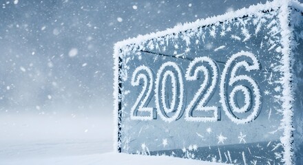 Frosted 2026 numbers display covered in ice and snow during a cold winter day.