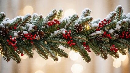 Snowy evergreen garland with red berries and pine cones