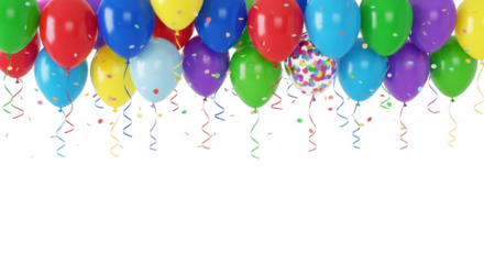 Colorful party balloons with confetti and streamers, isolated on transparent background