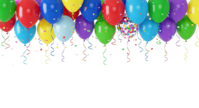 Colorful party balloons with confetti and streamers, isolated on transparent background