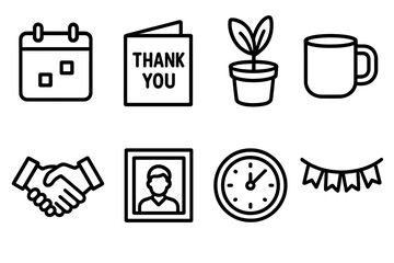 Office Farewell Icons. Office Farewell linear icon set: calendar, thank-you card, desk plant, coffee mug, handshake, photo frame, clock, farewell banner