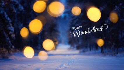 Snowy forest path with glowing lights and winter wonderland text