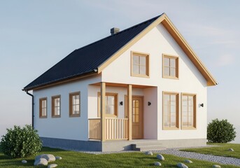 Minimalist white house with dark roof, wooden porch, and green lawn