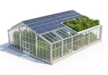 Eco-friendly greenhouse with solar panels and rooftop garden