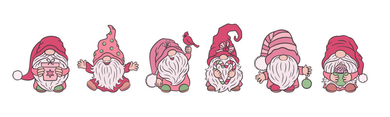 Trendy pink Christmas gnomes cute set. Retro vintage collection of cartoon fairy tale characters. Scandinavian folklore dwarf toy little Santa. Funny beard and hat. Fun holiday icons for Xmas designs.