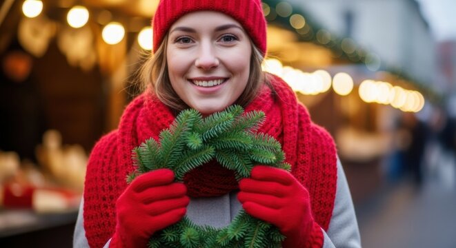 Portrait of a joyful young woman in a cozy red knitted hat, scarf, and gloves, smiling while holding a green fir wreath at a festive winter market with warm bokeh lights - Powered by Adobe