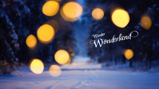 Snowy forest path with glowing lights and winter wonderland text