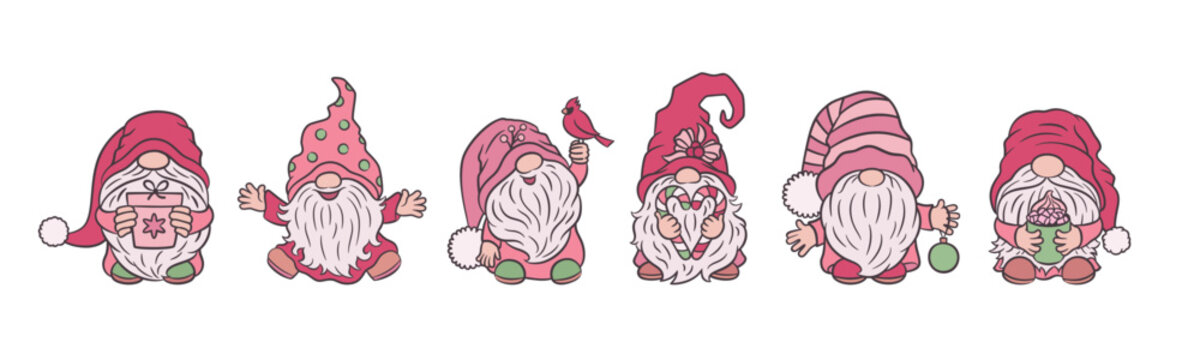 Trendy pink Christmas gnomes cute set. Retro vintage collection of cartoon fairy tale characters. Scandinavian folklore dwarf toy little Santa. Funny beard and hat. Fun holiday icons for Xmas designs.