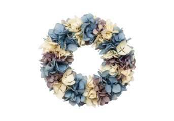 Dried floral wreath with blue, cream, and purple flowers, isolated on transparent background