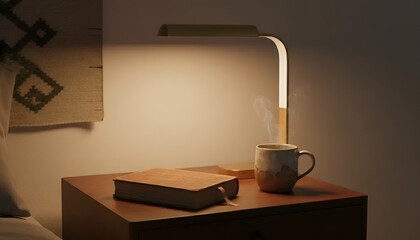 A charming nightstand setup with a book, steaming coffee, and a stylish lamp, perfect for creating a cozy reading nook.