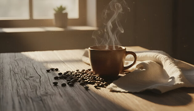 A steaming cup of coffee on a rustic wooden table, perfect for cozy home decor or food photography. - Powered by Adobe