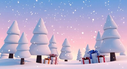 Snowy forest with Christmas gifts and falling snow