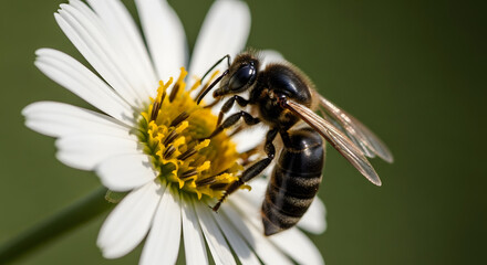 A close up shot of a bee pollinating a white flower with a yellow center in a natural outdoor setting