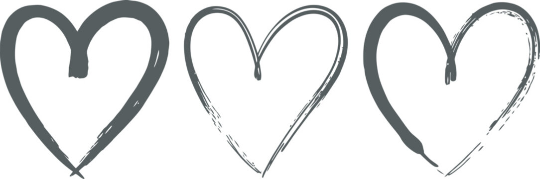 Three distinct hand drawn brushstroke heart shapes, symbolizing love, romance, passion, and affection, isolated on a white background. Vector