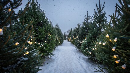 Snowy path lined with Christmas trees and lights winter