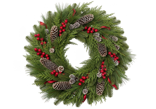 Festive christmas wreath with pinecones and red berries isolated on transparent background