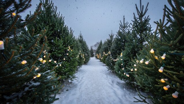 Snowy path lined with Christmas trees and lights winter