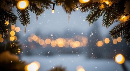 Snowy pine branches with warm bokeh lights Christmas