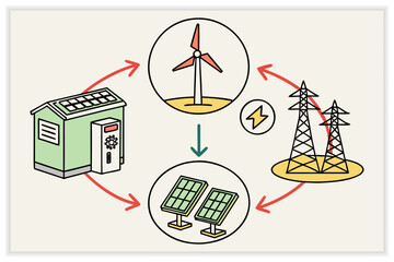 Clean Energy and Renewable Power Illustration Solar, Wind, Hydro, Eco Technology