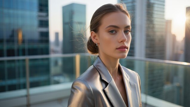 Fashion model roof-top terrace city skyline glow with metallic blazer tonight