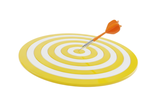 A single orange dart hitting the bullseye center of a yellow and white striped target, isolated on transparent background