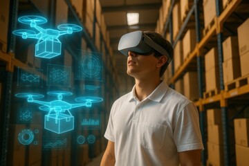Warehouse Visionary: A warehouse worker, equipped with augmented reality glasses, looks toward the future, observing holographic projections of delivery drones and digital data.