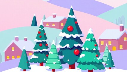 Snowy village with decorated Christmas trees and houses