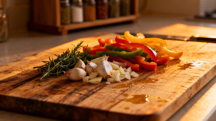 A wooden cutting board showcasing chopped bell peppers, garlic, and rosemary, ideal for culinary use or food styling.