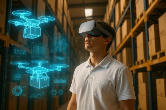 Warehouse Visionary: A warehouse worker, equipped with augmented reality glasses, looks toward the future, observing holographic projections of delivery drones and digital data.