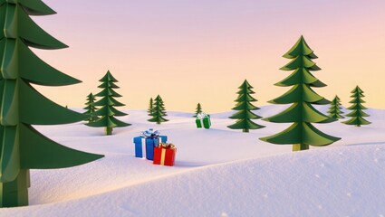 Snowy winter landscape with evergreen trees and gift boxes