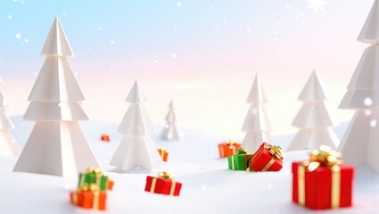 Snowy winter landscape with white trees and gift boxes