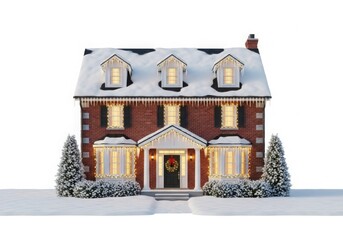 Traditional brick house decorated for winter holidays with snow