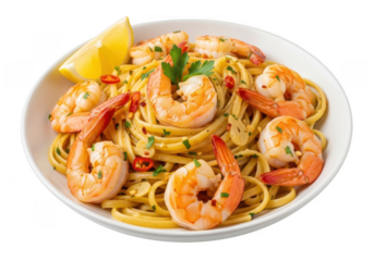 Delicious shrimp pasta with lemon wedge and parsley, isolated on transparent background