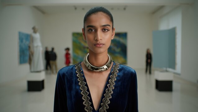 Fashion model faces camera in couture blending embroidery with futuristic details. - Powered by Adobe