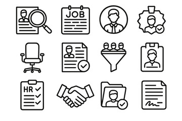 Recruitment Icons Set. Recruitment & Hiring linear icon set: magnifying glass over resume, job posting board, candidate profile, interview chair, application form, recruitment