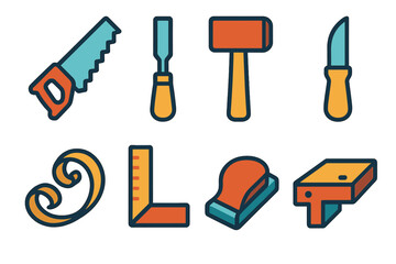 Vibrant Woodcraft Tools Icons. Woodcraft tools flat icon set: hand saw, chisel, wooden mallet, carving knife, wood shaving curl, measuring square, sanding block, workbench piece