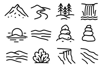 Fototapeta premium Nature Icons In Black. Outdoor Vista Pack linear icon set: mountain peak, winding path, tree grove, waterfall drop, sunset disk, open plain, rock stack, shrub outline, mist layer