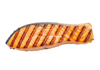 Grilled salmon fillet with crispy skin, perfectly cooked and isolated on transparent background