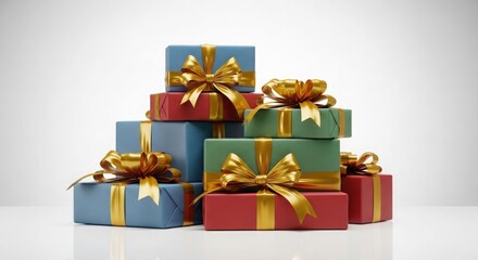 Stack of Blue Red and Green Gift Boxes with Gold Ribbons