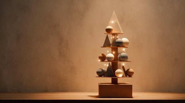 A small, minimalist Christmas tree decorated only with white lights and simple geometric wooden ornaments,