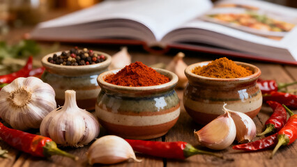 Fototapeta premium An appealing setup of spices and garlic, great for food photography or cooking tutorials.