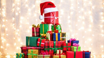 Stack of Christmas Presents with Santa Hat and Bokeh Lights