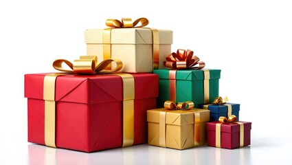 Stack of colorful gift boxes with gold ribbons present