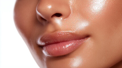 Glossy lips, smooth skin, glowing cheek, and radiant temple area under warm golden lighting create healthy, hydrated, and youthful appearance with natural beauty vibe