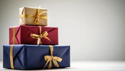 Stack of three wrapped gift boxes with gold ribbon