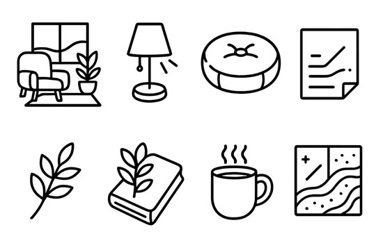 Serene Room Elements. Emotional Resilience Environment linear icon set: quiet room, soft lamp, cushion seat, journal page, warm mug, plant sprig, window light, calm pattern